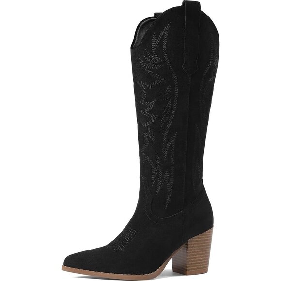 Women's Black Suede Wide Calf Cowgirl Western Embroidery Chunky High Heel Boots
